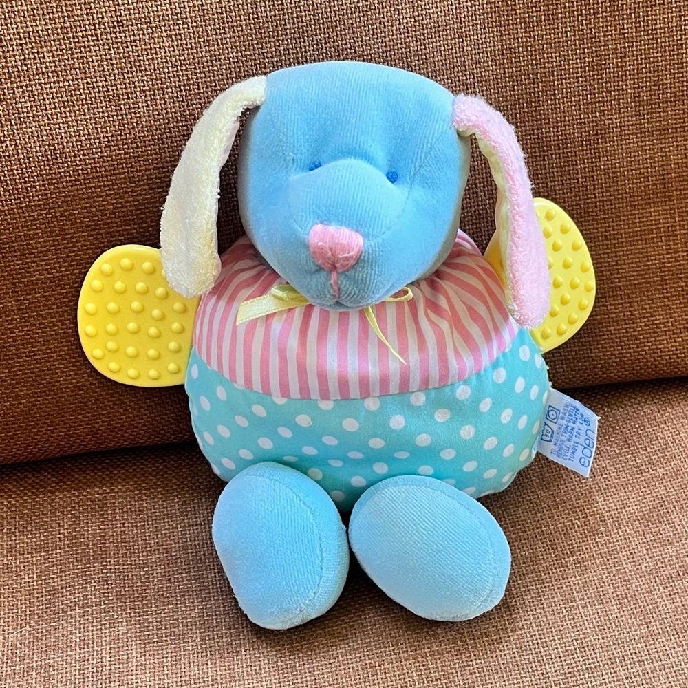 RARE Eden Vintage Puppy Dog Plush Baby Rattle Teether Pastel 9”